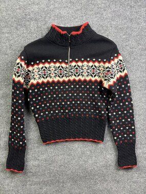 Eir Sweater Womens Large Black Fair Isle 1/4 Zip Wool Ski Pullover‎ Mock Neck